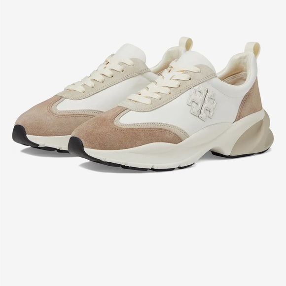 Tory Burch White and Beige Suede-Trim Platform Sneakers